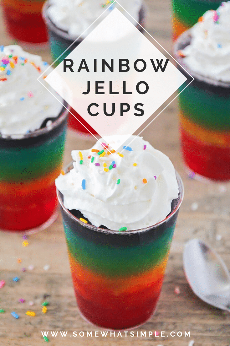 These layered rainbow jello cups are fun to make and even more fun to eat! They're a delicious after-school snack, and they'll make the perfect addition to your St. Patrick's Day celebrations! via @somewhatsimple