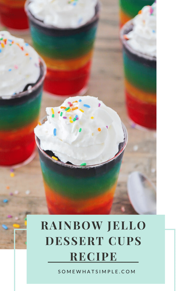 These layered rainbow jello cups are fun to make and even more fun to eat! They're a delicious after-school snack, and they'll make the perfect addition to your St. Patrick's Day celebrations! via @somewhatsimple