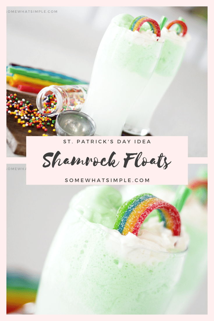 Shamrock floats are a fun and festive St. Patrick's Day drink recipe that everyone can enjoy.  It's easy to prepare, so you can make it at home or for a school party.  Filled with green sherbet, lemon lime soda and a special ingredient, you have to try this delicious green St. Patrick's Day drink. via @somewhatsimple