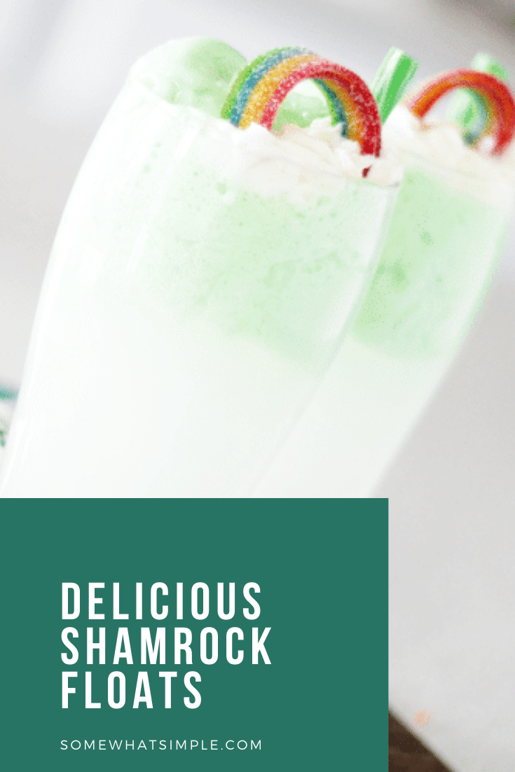 Shamrock floats are a fun and festive St. Patrick's Day drink recipe that everyone can enjoy.  It's easy to prepare, so you can make it at home or for a school party.  Filled with green sherbet, lemon lime soda and a special ingredient, you have to try this delicious green St. Patrick's Day drink. via @somewhatsimple