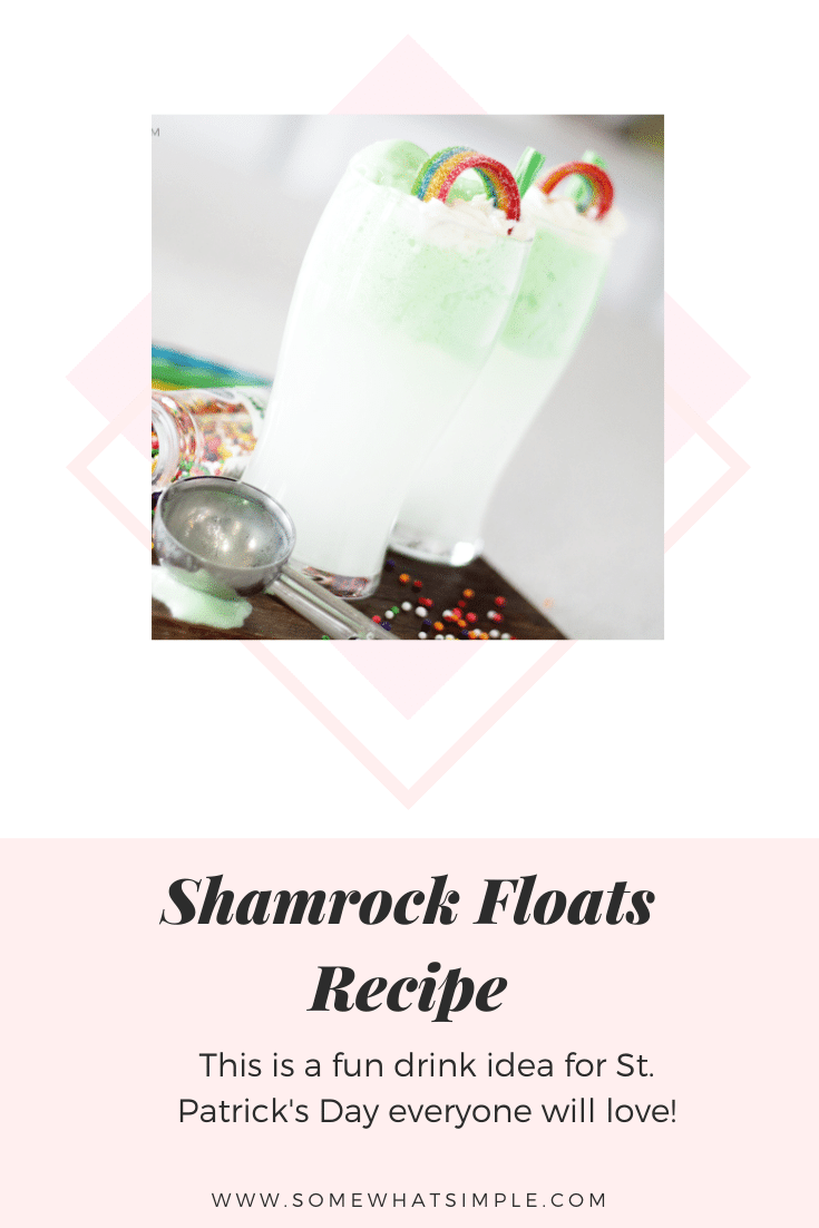 Shamrock floats are a fun and festive St. Patrick's Day drink recipe that everyone can enjoy.  It's easy to prepare, so you can make it at home or for a school party.  Filled with green sherbet, lemon lime soda and a special ingredient, you have to try this delicious green St. Patrick's Day drink. via @somewhatsimple