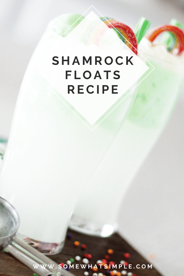 Shamrock floats are a fun and festive St. Patrick's Day drink recipe that everyone can enjoy.  It's easy to prepare, so you can make it at home or for a school party.  Filled with green sherbet, lemon lime soda and a special ingredient, you have to try this delicious green St. Patrick's Day drink. via @somewhatsimple