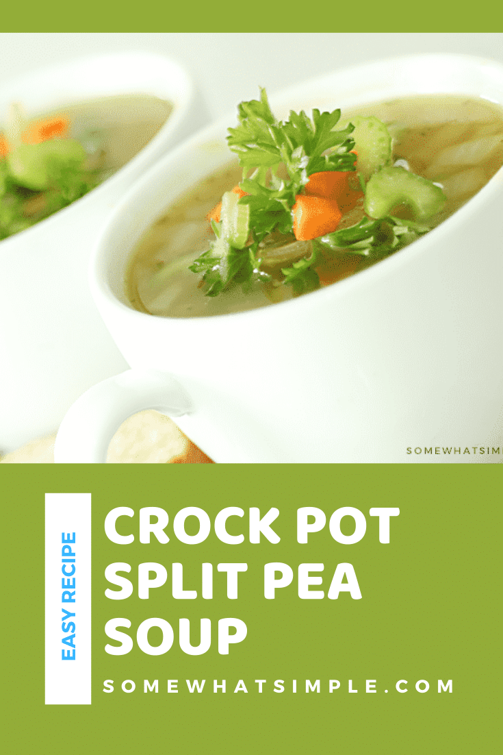 Split pea soup is a hearty recipe that's incredibly easy to make.  Pea soup is one of my favorite recipes to make using leftover ham.  Filled with split peas, ham, spices and other healthy vegetables, this classic soup is the perfect comfort food. Plus, I'm going to show you how to make it on the stove top as well as in a crock pot. It doesn't get any easier than this! via @somewhatsimple