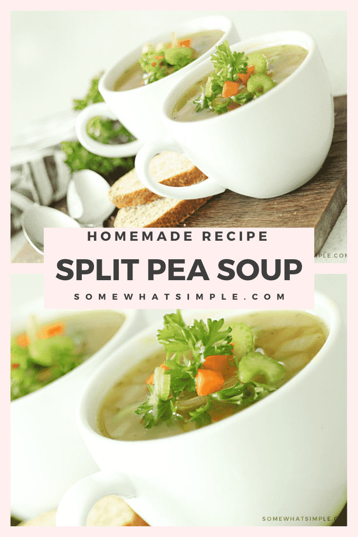 Split pea soup is a hearty recipe that's incredibly easy to make.  Pea soup is one of my favorite recipes to make using leftover ham.  Filled with split peas, ham, spices and other healthy vegetables, this classic soup is the perfect comfort food. Plus, I'm going to show you how to make it on the stove top as well as in a crock pot. It doesn't get any easier than this! via @somewhatsimple