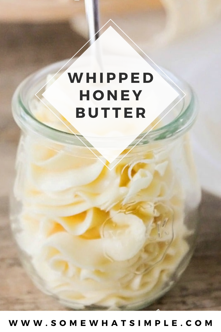 This honey butter recipe is the perfect way to spread even more goodness on foods you love!  This easy recipe is ready in just a few minutes and uses only 3 simple ingredients. Honey butter is perfect to use on your favorite bread, breakfast dish or anything else you top with butter. via @somewhatsimple