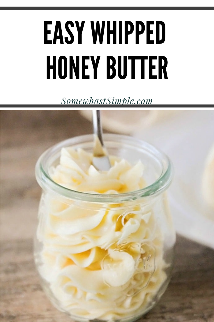 This honey butter recipe is the perfect way to spread even more goodness on foods you love!  This easy recipe is ready in just a few minutes and uses only 3 simple ingredients. Honey butter is perfect to use on your favorite bread, breakfast dish or anything else you top with butter. via @somewhatsimple