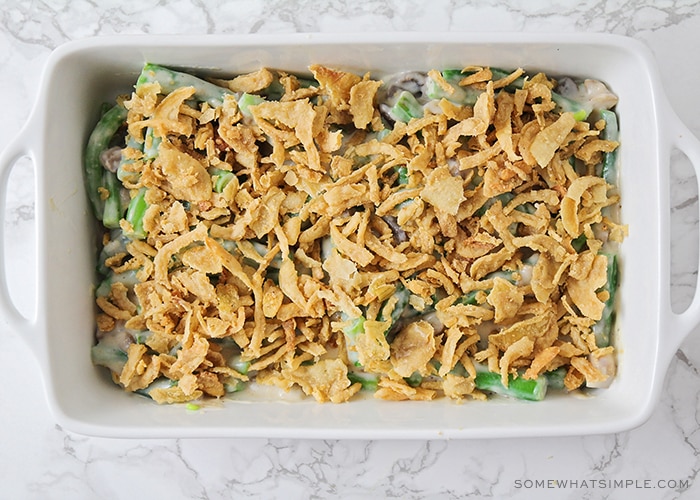 green beans topped with mushroom sauce and french fried onions