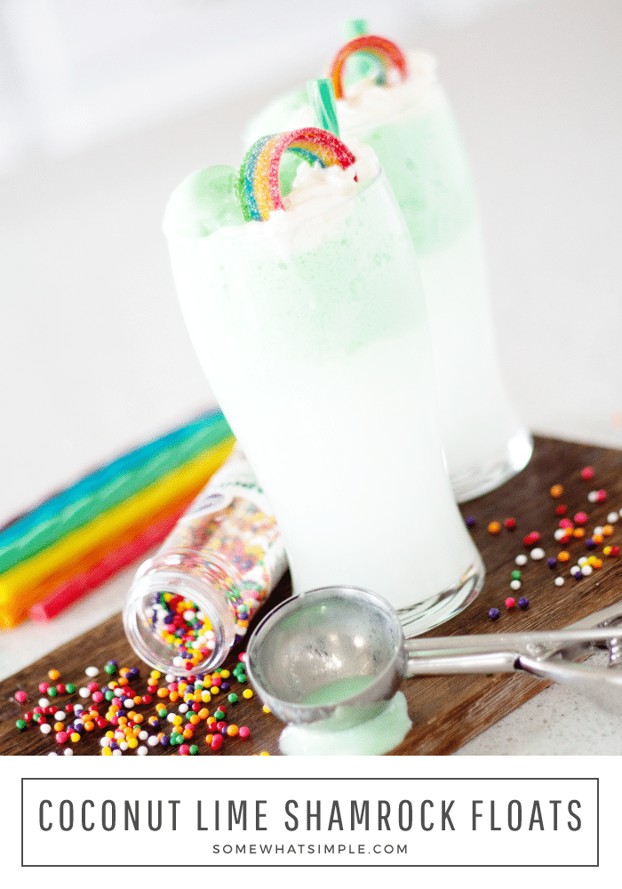 Shamrock floats are a fun and festive St. Patrick's Day drink recipe that everyone can enjoy.  It's easy to prepare, so you can make it at home or for a school party.  Filled with green sherbet, lemon lime soda and a special ingredient, you have to try this delicious green St. Patrick's Day drink. via @somewhatsimple