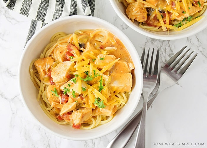 looking down on a bowl of spaghetti that's been made with chicken and cheese.