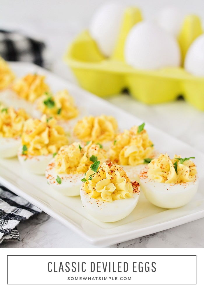 This recipe for classic deviled eggs is so flavorful and delicious, and it's the perfect appetizer or side dish for any gathering! #eggs #deviledeggs #appetizer #recipe #entertaining #partyfoods via @somewhatsimple