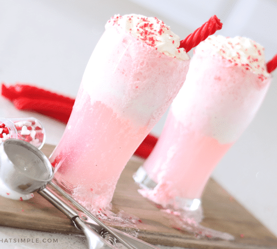 how to make cupid floats sprinkles kid friendly family ice cream strawberry cherry soda licorice twizzler straw whipped cream valentine treat drink