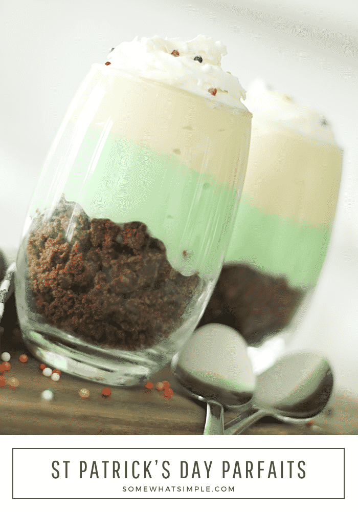 A vanilla pistachio parfait is a delicious way to celebrate St. Patrick's Day.  This easy recipe is made with creamy vanilla and pistachio pudding over a bed a brownie crumbs.  Ready in seconds, this is an easy dessert to make for a party or an afternoon snack. #stpatricksdayparfait #pistachioparfait #pistachioparfaitrecipe #pistachiopuddingparfait via @somewhatsimple