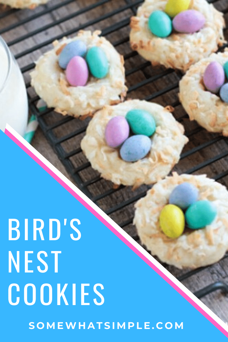 Birds Nest Cookies are completely adorable, and they are super delicious and easy to make! These cookies are perfect to make to celebrate spring and the Easter season. #birdsnestcookies #eastercookies #birdnestcookierecipe #birdsnesteastercookies #coconutbirdsnestcookies via @somewhatsimple