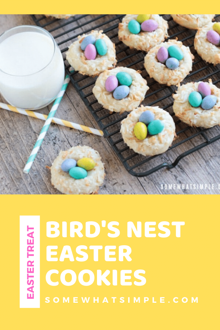 Birds Nest Cookies are completely adorable, and they are super delicious and easy to make! These cookies are perfect to make to celebrate spring and the Easter season. #birdsnestcookies #eastercookies #birdnestcookierecipe #birdsnesteastercookies #coconutbirdsnestcookies via @somewhatsimple