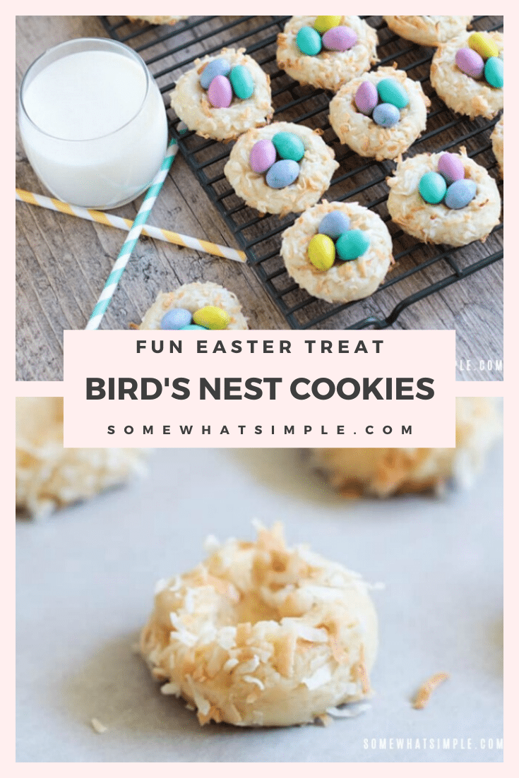 Birds Nest Cookies are completely adorable, and they are super delicious and easy to make! These cookies are perfect to make to celebrate spring and the Easter season. #birdsnestcookies #eastercookies #birdnestcookierecipe #birdsnesteastercookies #coconutbirdsnestcookies via @somewhatsimple