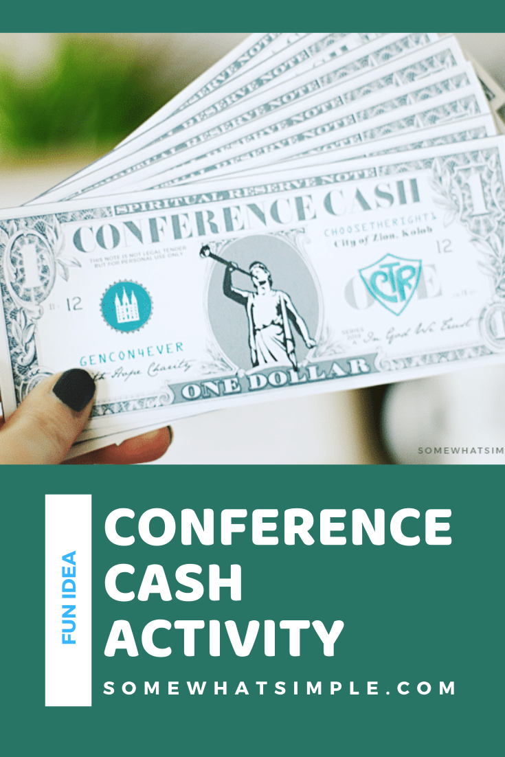 Looking for fun general conference activities for your kids to enjoy? This Conference Cash idea is my kids very favorite! Grab your free printable conference cash and set up a fun little general store. They earn cash for listening and other activities you choose and then they can buy things they want from the store. It's a great way for kids to enjoy conference. via @somewhatsimple