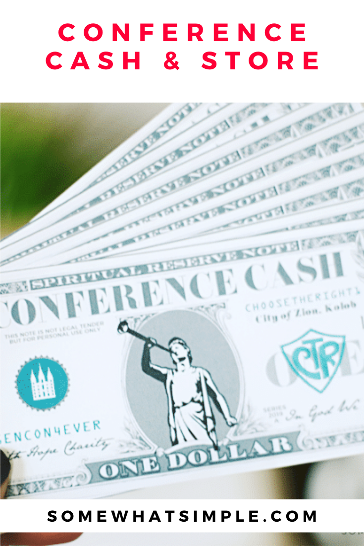 Looking for fun general conference activities for your kids to enjoy? This Conference Cash idea is my kids very favorite! Grab your free printable conference cash and set up a fun little general store. They earn cash for listening and other activities you choose and then they can buy things they want from the store. It's a great way for kids to enjoy conference. via @somewhatsimple