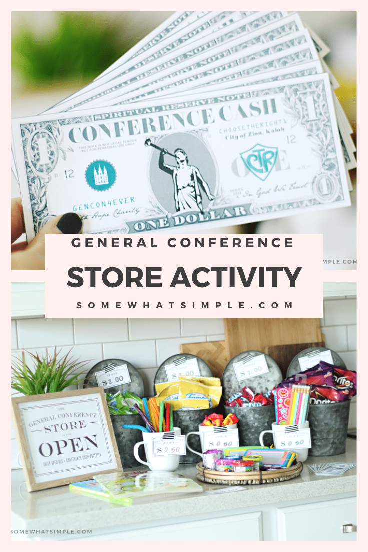 Looking for fun general conference activities for your kids to enjoy? This Conference Cash idea is my kids very favorite! Grab your free printable conference cash and set up a fun little general store. They earn cash for listening and other activities you choose and then they can buy things they want from the store. It's a great way for kids to enjoy conference. via @somewhatsimple