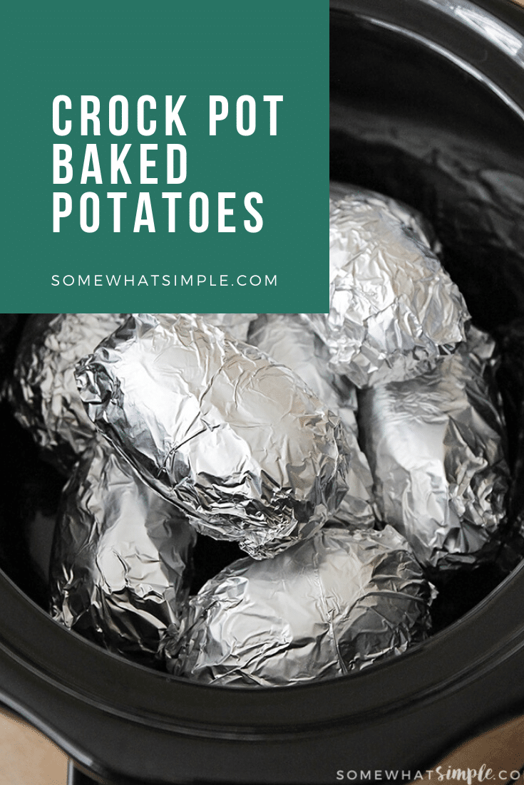 These crock pot baked potatoes just might change the way you cook baked potatoes forever! Here is how to cook potatoes in a crock pot. via @somewhatsimple