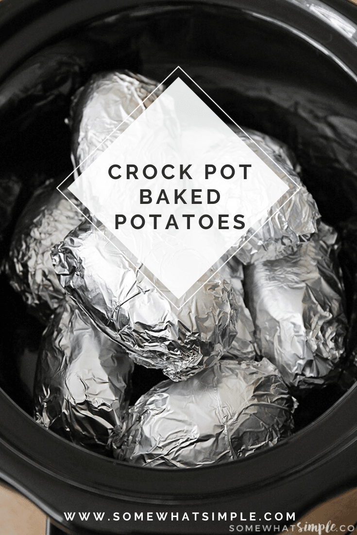 These crock pot baked potatoes just might change the way you cook baked potatoes forever! Here is how to cook potatoes in a crock pot. via @somewhatsimple