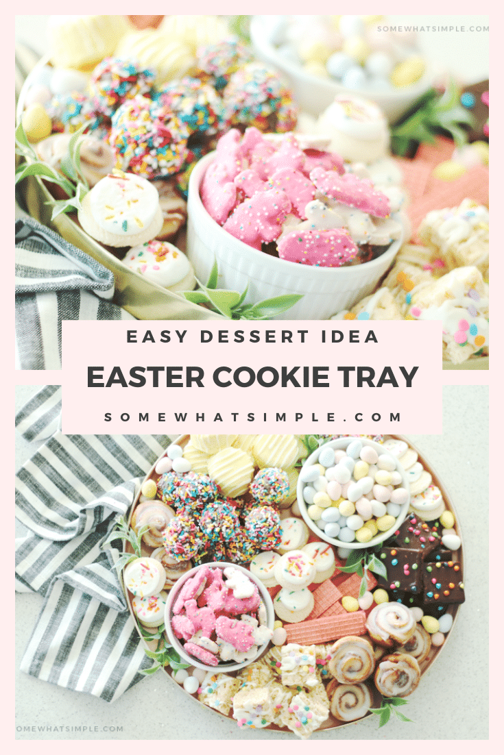 Piled high with cookies, baked goods and candies, this cookie charcuterie board is a beautiful way to serve dessert at your next celebration! Fill the tray with pastel colored cookies that are perfect for Easter or change it up to fit any occasion. #charcuterie #dessertcharcuterie #cookies #platter #party #food via @somewhatsimple