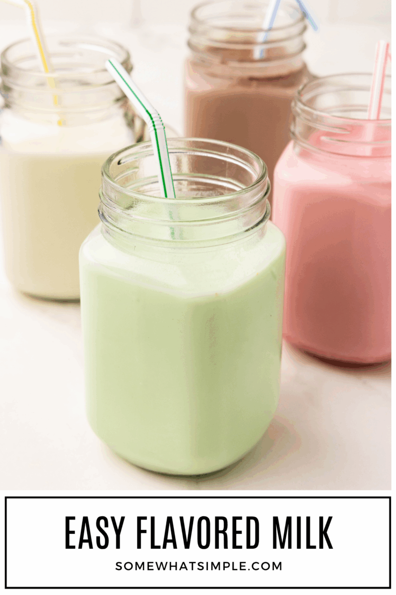 close up of flavored milk in 4 flavors with a text overlay