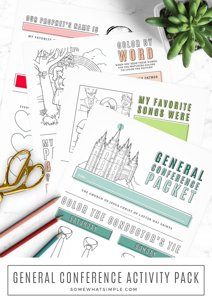 If you're looking for a fun way to keep your kids interested while watching General Conference, this packet is for you!!! Filled with fun games, activities and other ideas, your kids are guaranteed to love conference this year. Don't wait, grab your free printable now! #ldsconf #ldsgeneralconference #generalconferenceactivitypacket #freeprintable #generalconferenceactivitypacketfreeprintable via @somewhatsimple