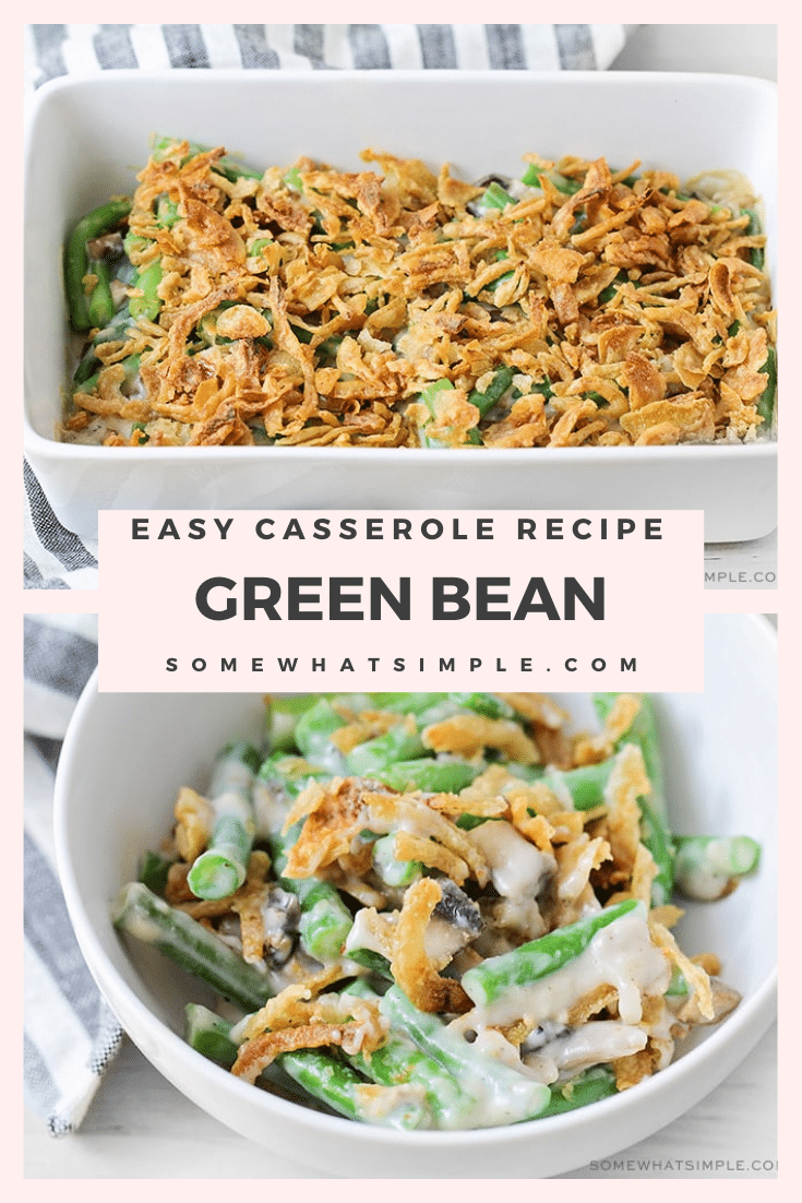 Easily one of my favorite side dishes of all time! This classic green bean casserole is made from scratch, with tender green beans in a savory sauce, topped with crispy fried onions. This easy side dish recipe is perfect for your Thanksgiving or Christmas dinner or a side dish to share at a potluck or bbq. via @somewhatsimple