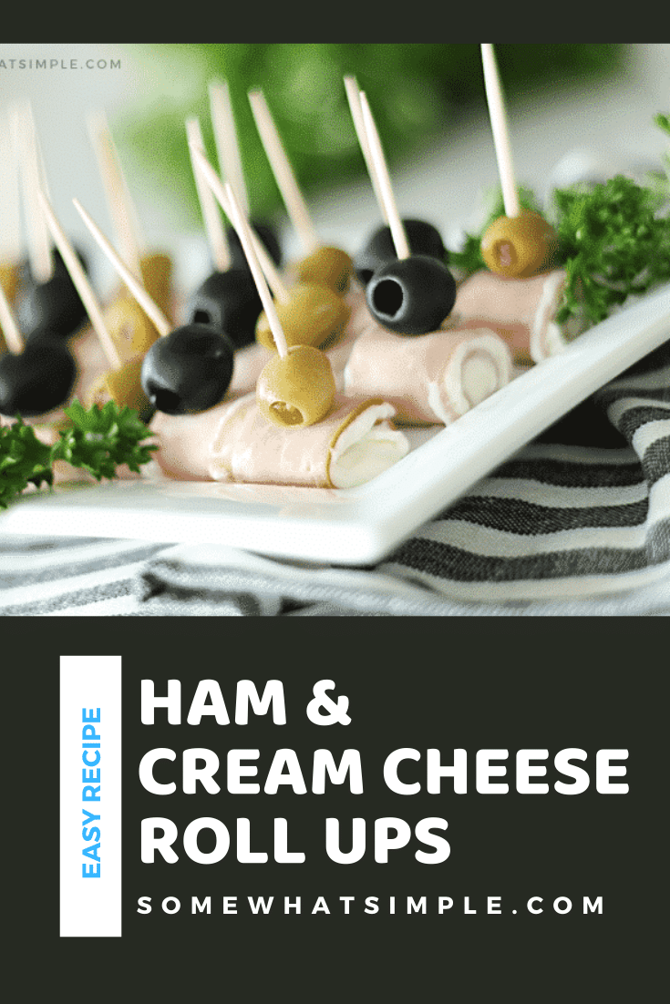 Looking for some easy appetizers for your next social gathering? These ham and cream cheese roll ups will be the first empty platter at the party!  This simple appetizer is easy to make and take only minutes to assemble. I promise you're going to love them! via @somewhatsimple