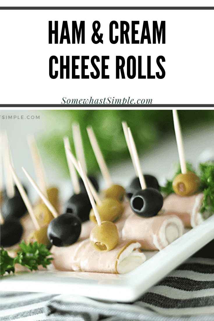 Looking for some easy appetizers for your next social gathering? These ham and cream cheese roll ups will be the first empty platter at the party!  This simple appetizer is easy to make and take only minutes to assemble. I promise you're going to love them! via @somewhatsimple