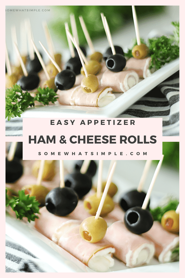 Looking for some easy appetizers for your next social gathering? These ham and cream cheese roll ups will be the first empty platter at the party!  This simple appetizer is easy to make and take only minutes to assemble. I promise you're going to love them! via @somewhatsimple