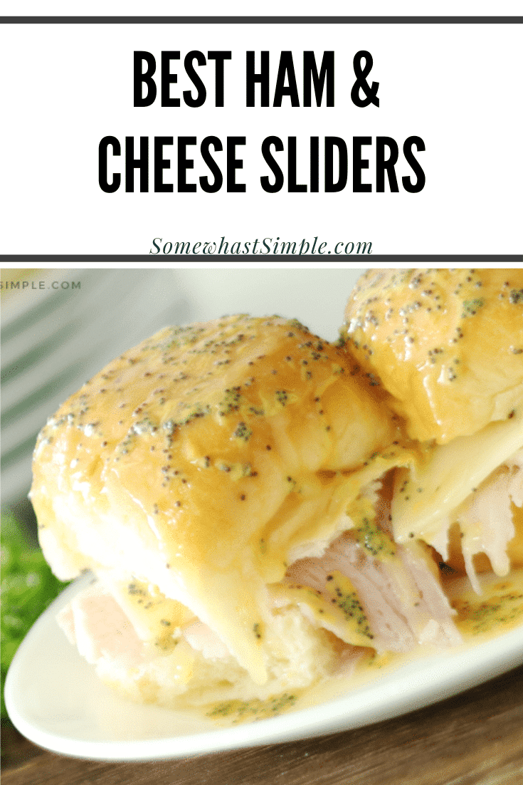 Juicy ham and Swiss cheese inside soft Hawaiian rolls brushed with a buttery topping that's baked is absolutely delicious! These Ham and Cheese Sliders are perfect as a simple dinner or feeding a crowd and could not be any easier to make! #hamsliders #hamandswisssliders #howtomakehamandcheesesliders #hamandcheesesliderrecipe #hawaiianrollhamsliders via @somewhatsimple