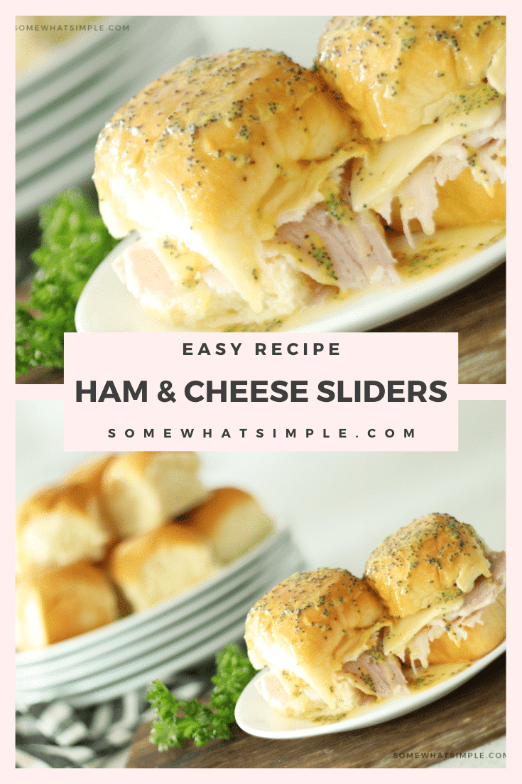 Juicy ham and Swiss cheese inside soft Hawaiian rolls brushed with a buttery topping that's baked is absolutely delicious! These Ham and Cheese Sliders are perfect as a simple dinner or feeding a crowd and could not be any easier to make! #hamsliders #hamandswisssliders #howtomakehamandcheesesliders #hamandcheesesliderrecipe #hawaiianrollhamsliders via @somewhatsimple