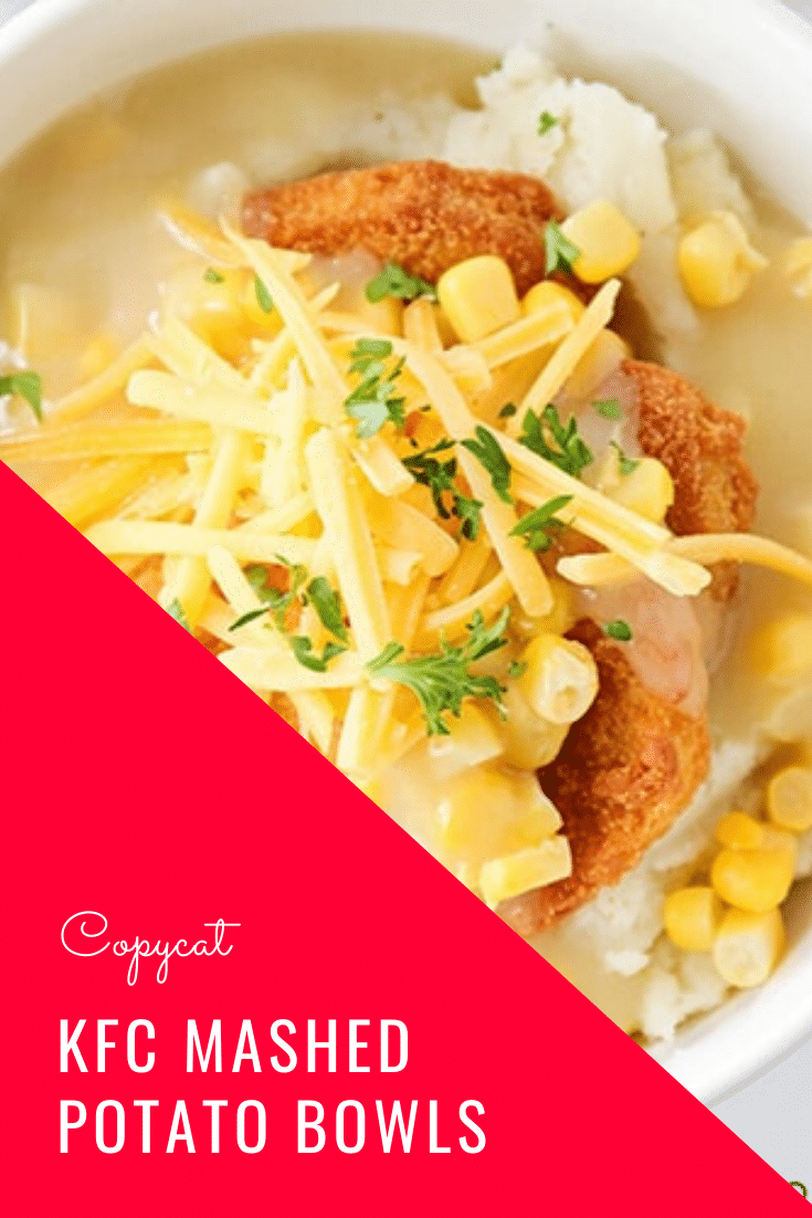 These delicious chicken and mashed potato bowls are an easy dinner idea that takes only minutes to prepare!  Loaded with juicy chicken, mashed potatoes, corn and cheese, this KFC copycat recipe is one the whole family will love! #mashedpotatobowl #kfccopycatrecipe #chickenandmasedpotatoes #30minutemeal #kfcbowl #easydinner via @somewhatsimple