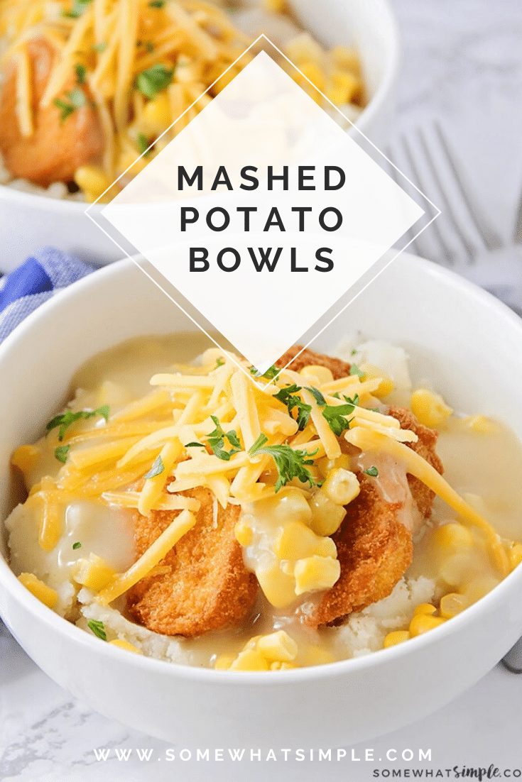 These delicious chicken and mashed potato bowls are an easy dinner idea that takes only minutes to prepare!  Loaded with juicy chicken, mashed potatoes, corn and cheese, this KFC copycat recipe is one the whole family will love! #mashedpotatobowl #kfccopycatrecipe #chickenandmasedpotatoes #30minutemeal #kfcbowl #easydinner via @somewhatsimple