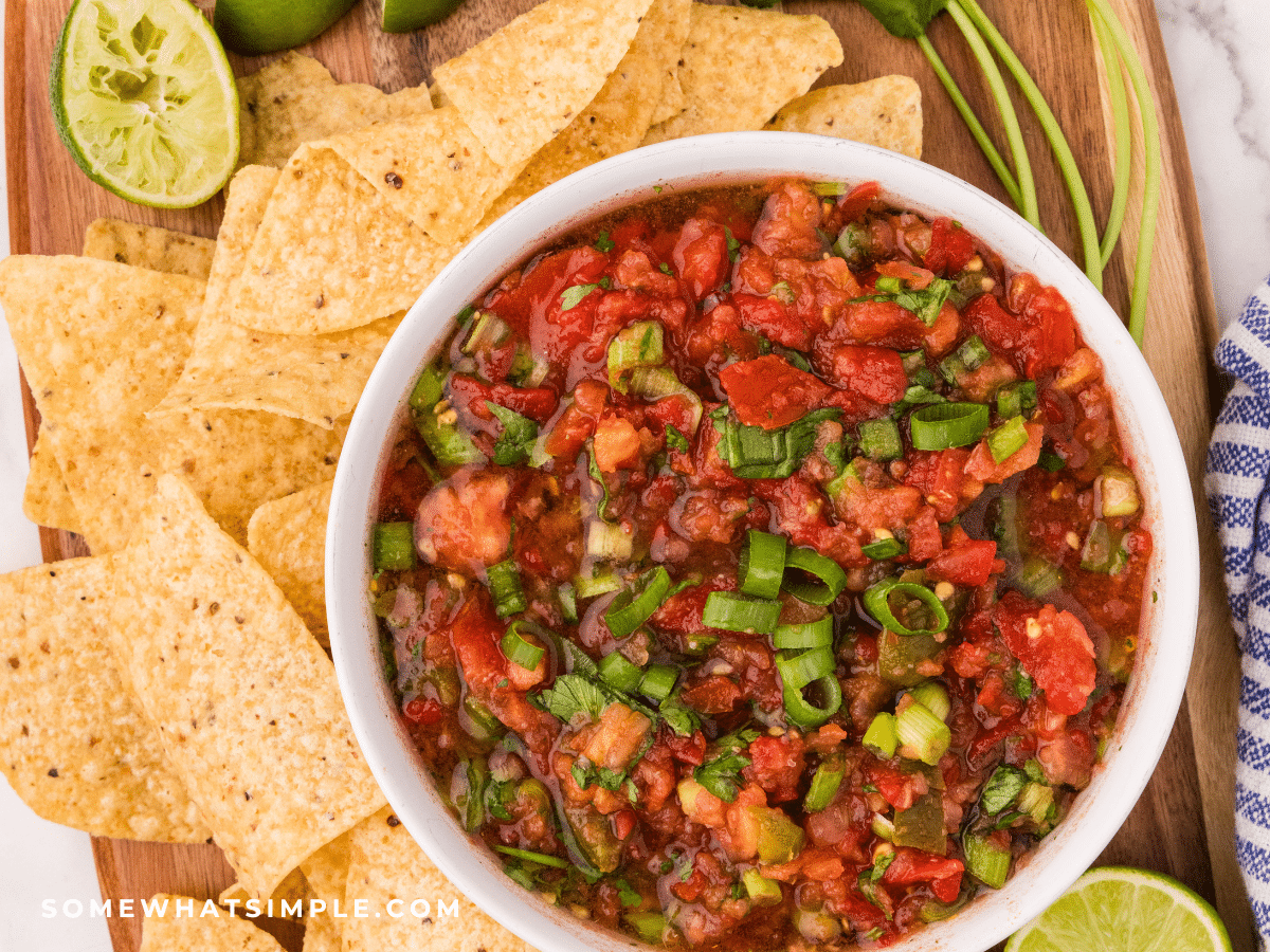 Finished Mild Salsa in a white bowl surround by chips