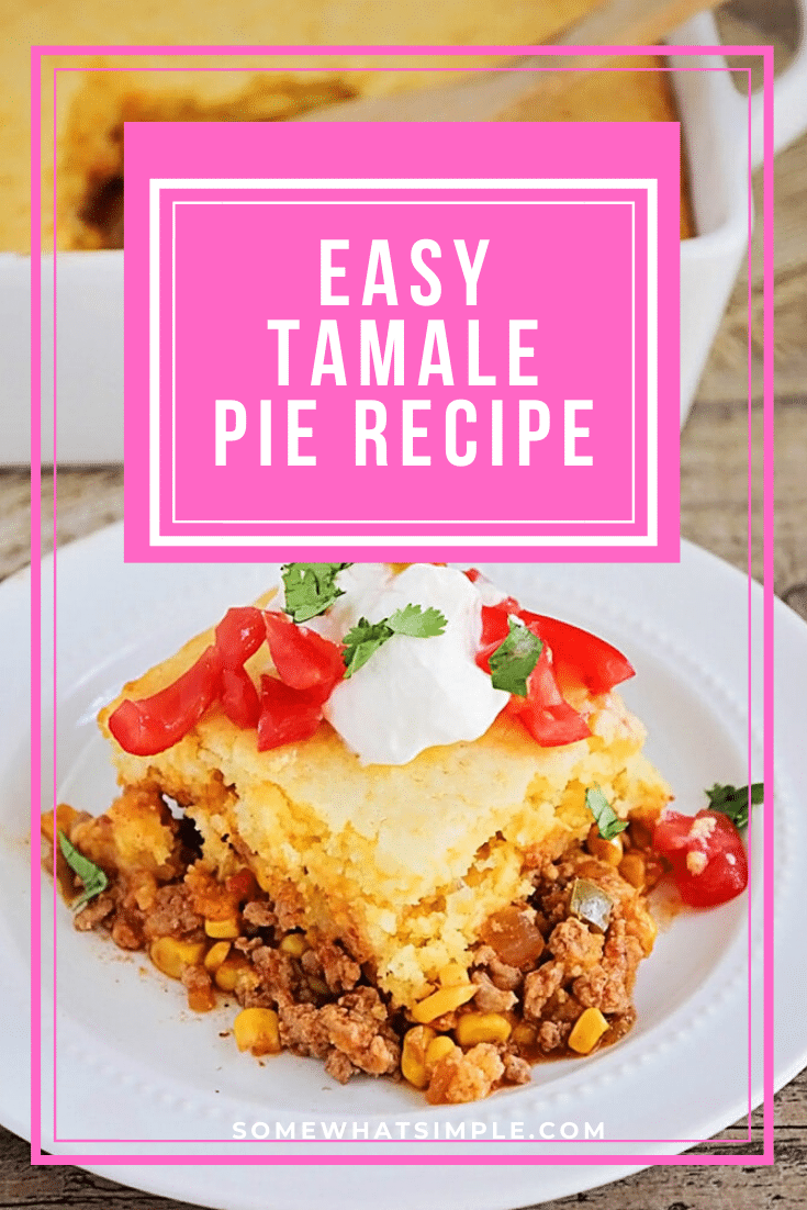 This Tamale Pie Recipe is so simple to make and is so delicious!  I LOVE tamales but I don't love the time it takes to make them.  Loaded with the mouthwatering combination of beef, cornbread, salsa, corn and cheese, this tamale pie recipe has all of the deliciousness of tamales without having to spend all day in the kitchen. #cornbreadtamalepie #tamalepierecipe #tamalepie #tamalepiecasserole #tamalepiejiffy via @somewhatsimple