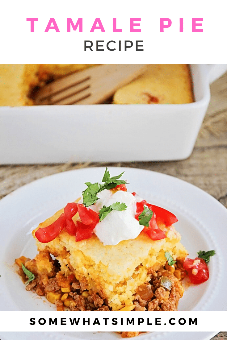 This Tamale Pie Recipe is so simple to make and is so delicious!  I LOVE tamales but I don't love the time it takes to make them.  Loaded with the mouthwatering combination of beef, cornbread, salsa, corn and cheese, this tamale pie recipe has all of the deliciousness of tamales without having to spend all day in the kitchen. #cornbreadtamalepie #tamalepierecipe #tamalepie #tamalepiecasserole #tamalepiejiffy via @somewhatsimple