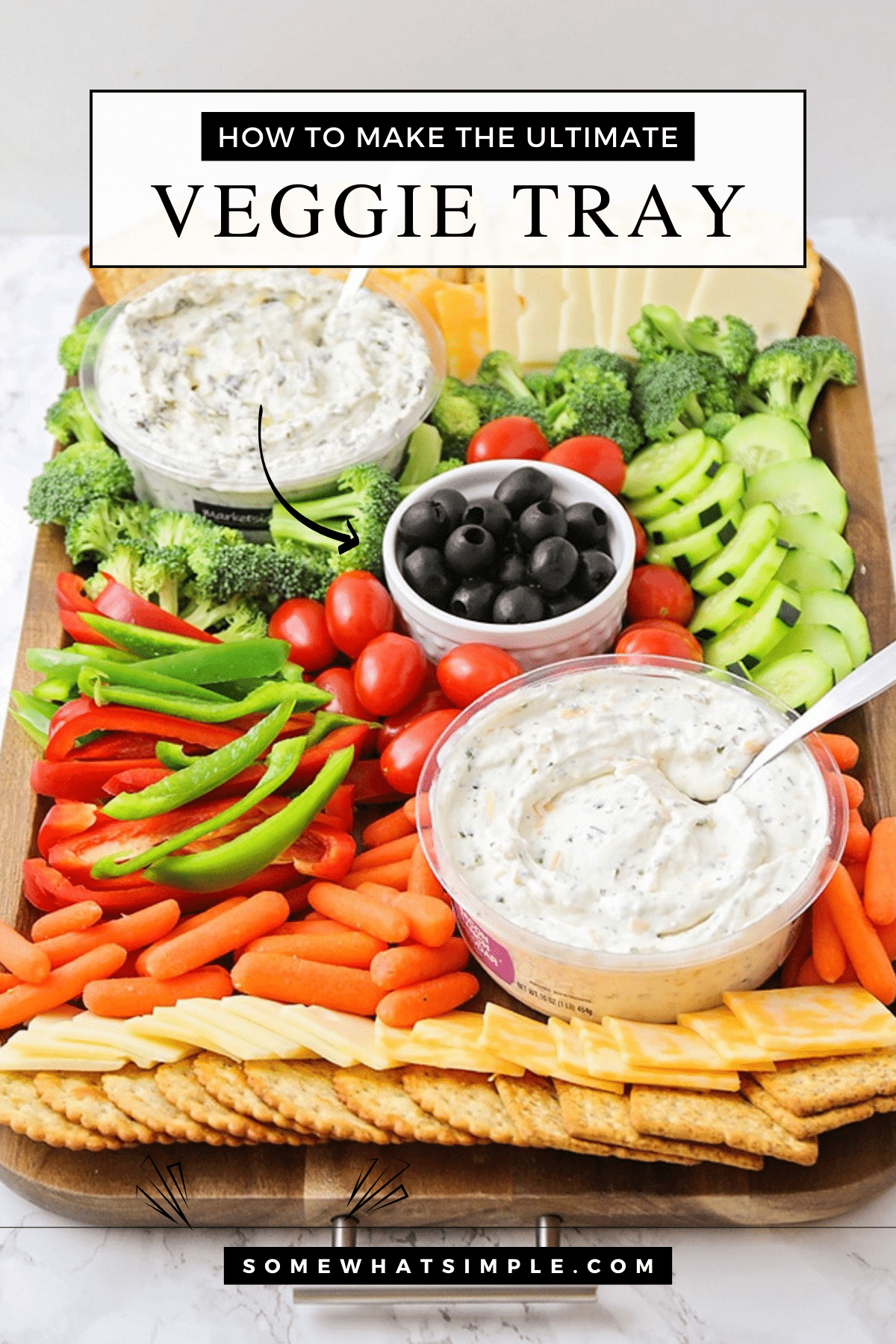 Impress your guests with this beautiful, festive and healthy veggie tray! This savory appetizer is a perfect compliment to any party. It's quick and easy to put together, and there's something for everyone to enjoy! via @somewhatsimple
