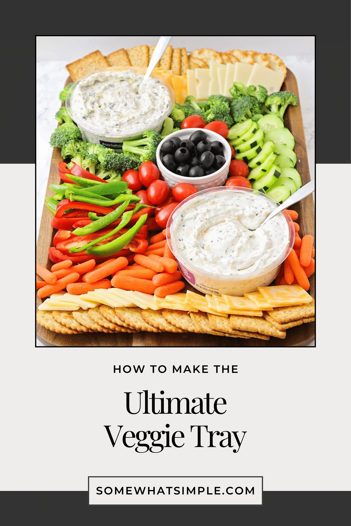 Impress your guests with this beautiful, festive and healthy veggie tray! This savory appetizer is a perfect compliment to any party. It's quick and easy to put together, and there's something for everyone to enjoy! via @somewhatsimple