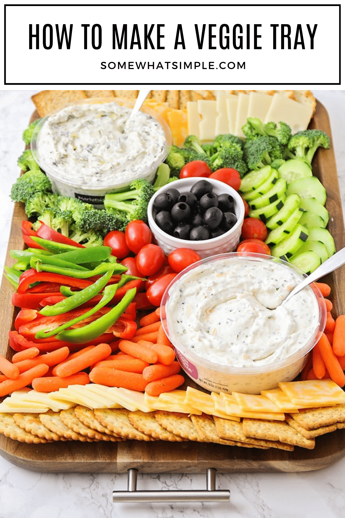 Impress your guests with this beautiful, festive and healthy veggie tray! This savory appetizer is a perfect compliment to any party. It's quick and easy to put together, and there's something for everyone to enjoy! via @somewhatsimple