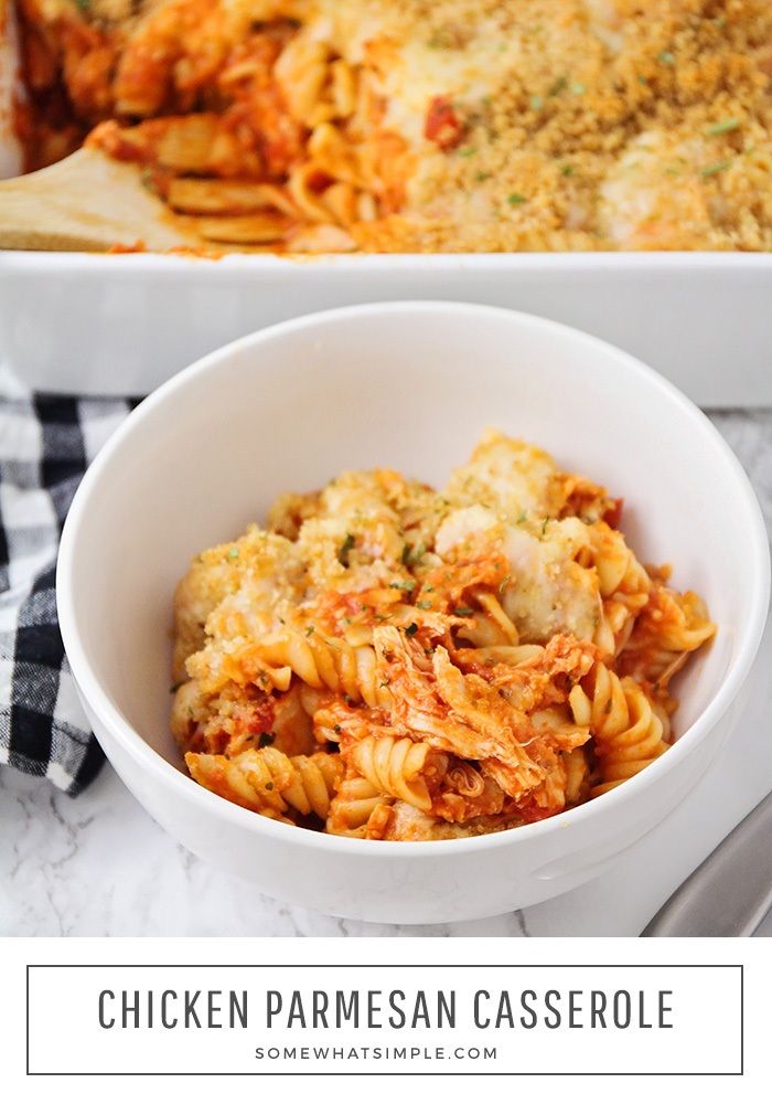 This delicious chicken parmesan casserole has all the flavors of chicken parmesan and it is so easy to make. Made with tender chicken, pasta a homemade sauce and topped with provolone cheese and bread crumbs, it's an easy meal everyone will love! #easychickenparmesancasserole #chickenparmesancasserole #chickenparmesancasserolerecipe #bakedchickenparmesancasserole #chickenparmesancasserolewithpasta via @somewhatsimple