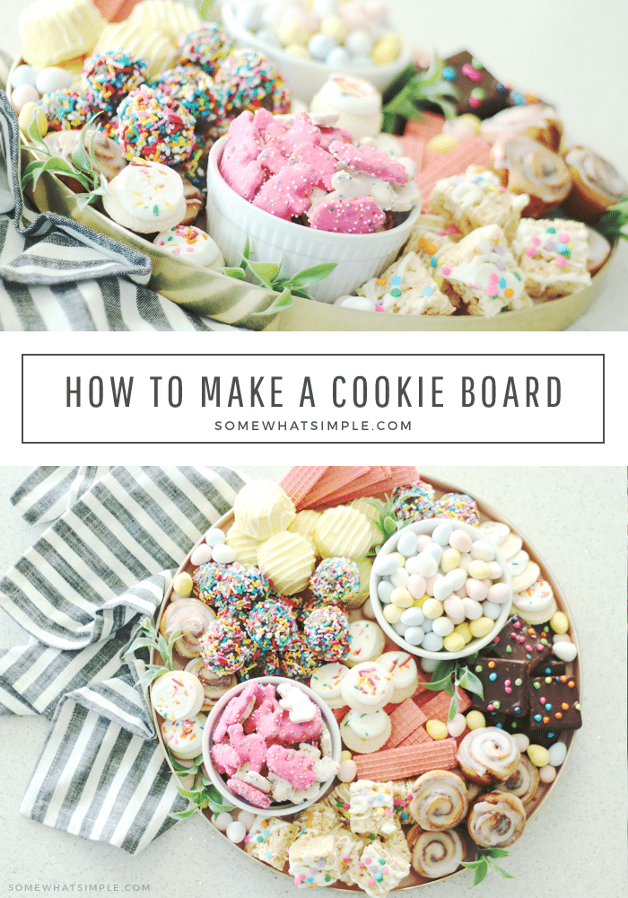 Piled high with cookies, baked goods and candies, this cookie charcuterie board is a beautiful way to serve dessert at your next celebration! Fill the tray with pastel colored cookies that are perfect for Easter or change it up to fit any occasion. #charcuterie #dessertcharcuterie #cookies #platter #party #food via @somewhatsimple