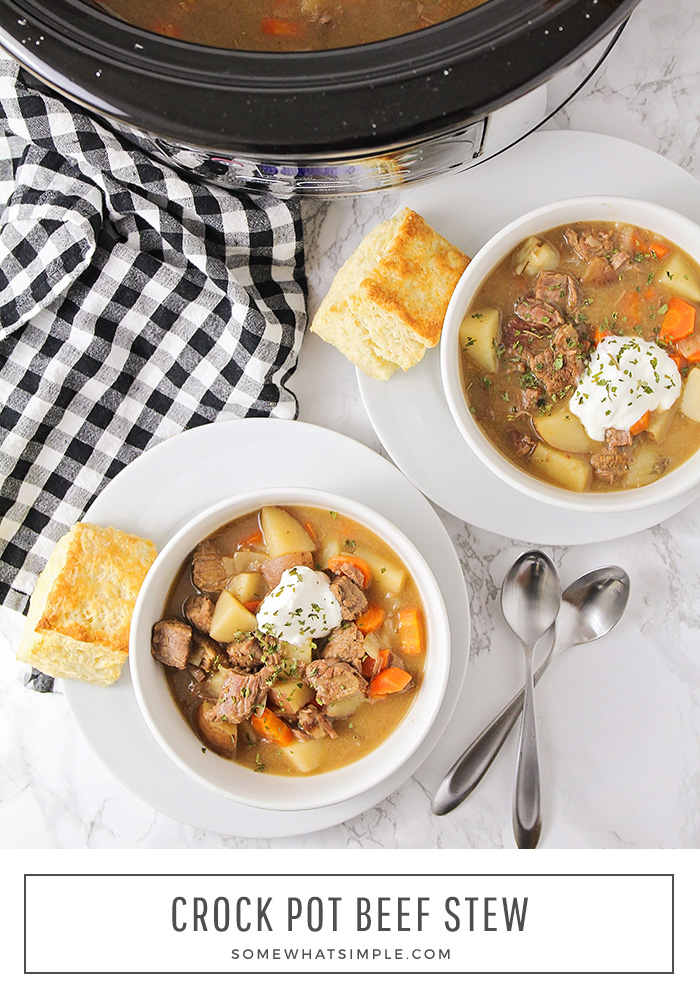 This crock pot beef stew is a savory recipe that is the perfect comfort-food meal.  Made in a slow cooker all day until the beef is incredibly tender and hearty vegetables are bursting with flavor! This dinner recipe is so easy to make, you can enjoy it all year long! via @somewhatsimple