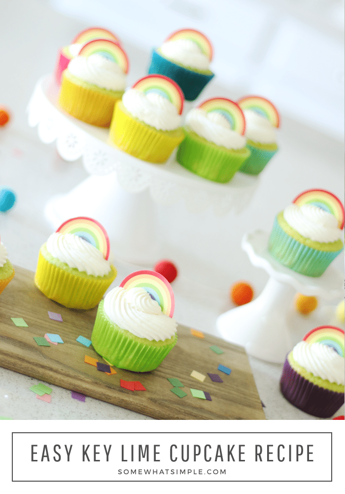 Key lime cupcakes are the perfect blend of both sweet and sour flavors.  The cupcakes are moist, easy to make and bursting with flavor! Topped with these adorable free printable rainbow cupcake toppers they are the perfect way to celebrate St. Patrick's' Day.   #limecupcakes #keylimecupcakes #limecupcakerecipe #stpatricksdayfood #keylimecupcakerecipe via @somewhatsimple