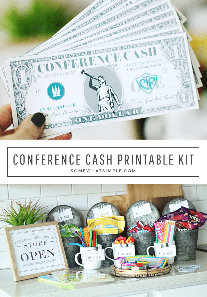 Looking for fun general conference activities for your kids to enjoy? This Conference Cash idea is my kids very favorite! Grab your free printable conference cash and set up a fun little general store. They earn cash for listening and other activities you choose and then they can buy things they want from the store. It's a great way for kids to enjoy conference. via @somewhatsimple