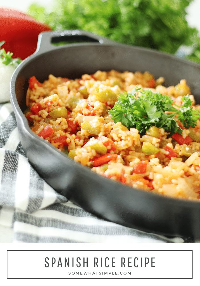 Homemade Spanish rice is the perfect side dish for any of your favorite Mexican food recipes.  Made with bell peppers, onions and delicious spices, this easy recipe is bursting with flavor and tastes just like you get in a restaurant. #spanishrice #homemadespanishrice #howtomakespanishrice #easyspanishrice #mexicanrice via @somewhatsimple
