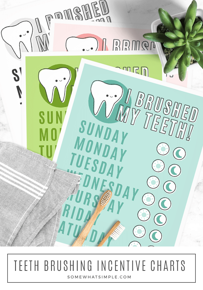 Our tooth brushing chart for kids is the perfect way to BRUSH UP on good dental hygiene!  This free printable is a fun way to give your children an incentive to clean their teeth each day. #teethbrushingchart #teethbrushingchartfreeprintable #teethbrushingchartforkids #teethbrushingchartfortoddlers #teethbrushingincentivechart via @somewhatsimple