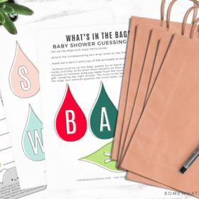 a printable baby shower game entitled what's in the bag with the free printable with each letter in baby shower as well as brown bags with a letter attached to it.