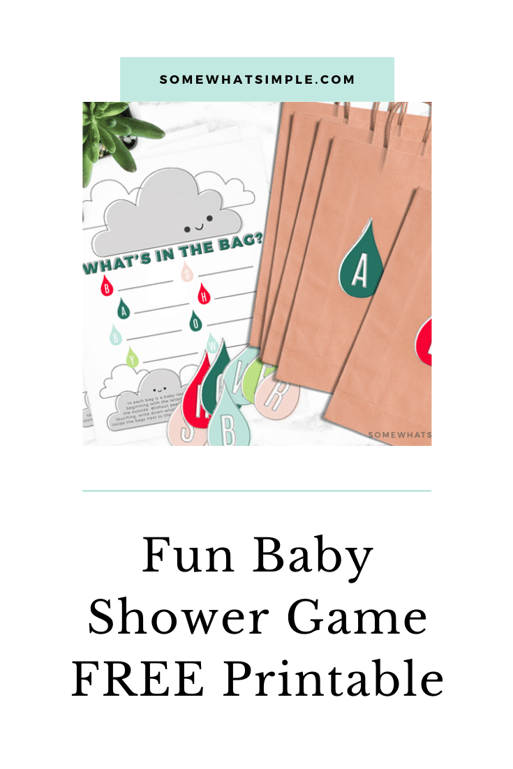 This simple baby shower game idea is fun to play, easy to put together and it's super helpful for the mother-to-be!  Fill bags with baby items that start with each letter and see if the mother-to-be can guess what's inside.  The game is fun to play, while providing needed baby items for the new mother. Download your FREE printable right now and get started! #babyshowergames #printablebabyshowergame #babyshowergameidea #freeprintablebabyshowergame #babyitemsthatstartwith via @somewhatsimple